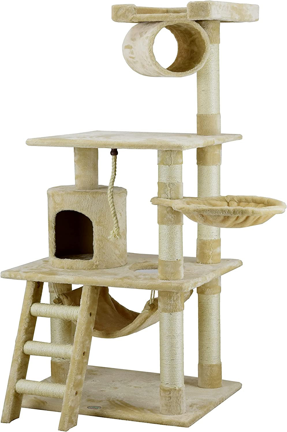 "Meow-nt Everest: The Purr-fect Faux Fur Feline Condo with a Sisal Scratch 'n' Snatch, 62 Inches of Cat-tastic Beige Bliss!"