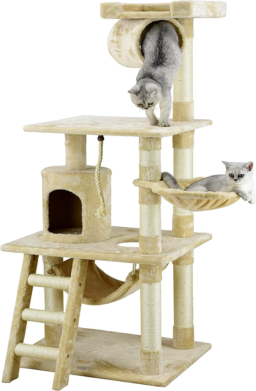 "Meow-nt Everest: The Purr-fect Faux Fur Feline Condo with a Sisal Scratch 'n' Snatch, 62 Inches of Cat-tastic Beige Bliss!"