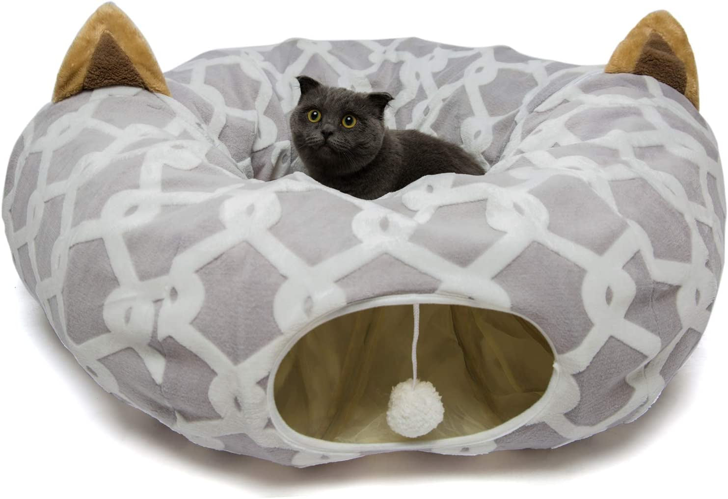 ```The Ultimate Feline Funhouse: A Cozy Cat Cave with Fluff Balls, a Tiny Pillow, and a Design So Flexible Even Your Dog Might Get Jealous - 10 Inches of Diameter, 3 Feet of Adventure, in Stylish Gray Geometry!```