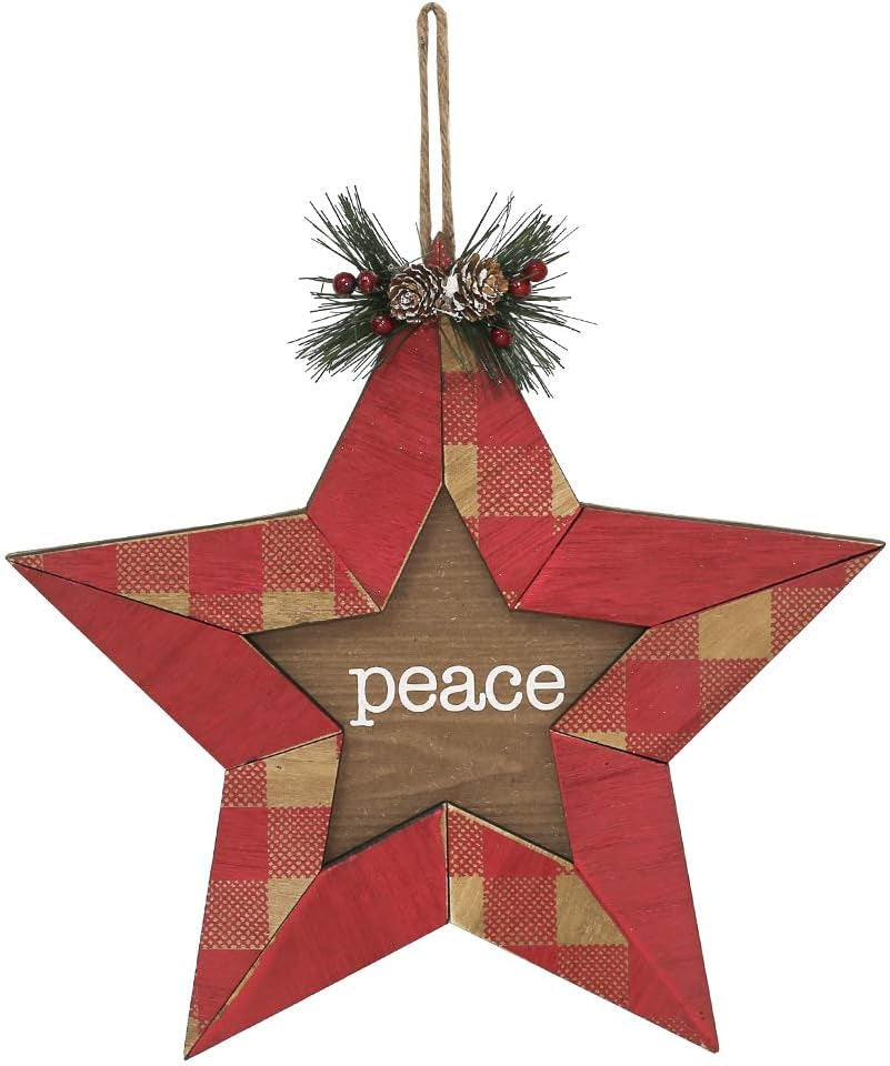 "Charming 12-Inch Wooden Hygge Star Wall Art - 'Peace' Christmas Decoration"