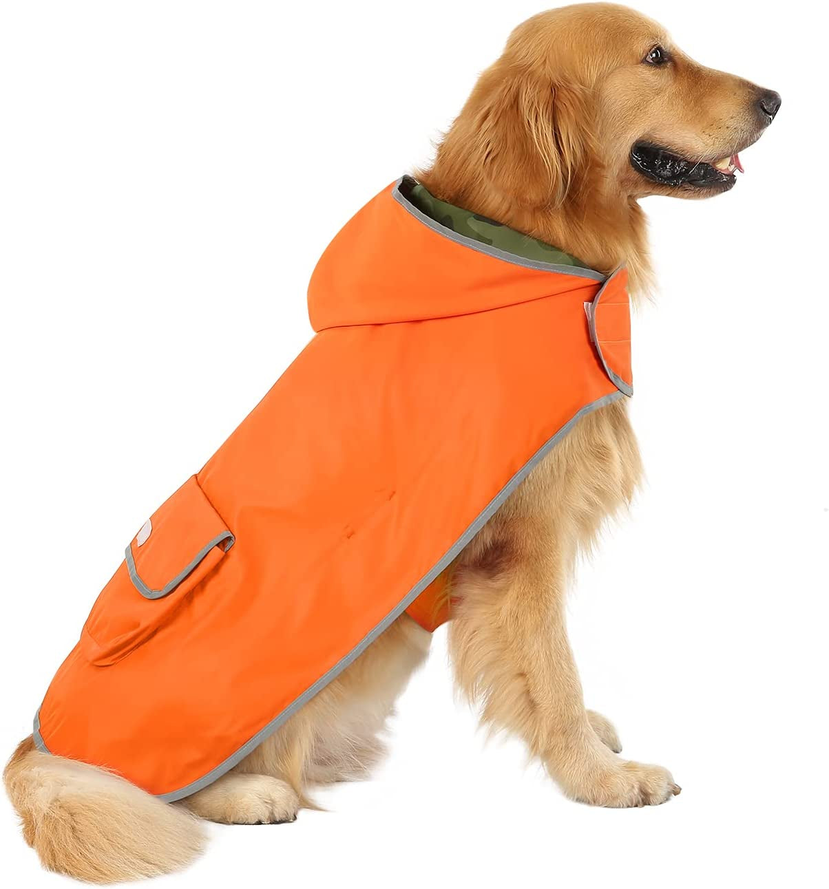 "Fashion-Forward Fido: The Camo-Orange Raincoat Poncho for Pooches Who Want to Stay Dry and Stylish!"