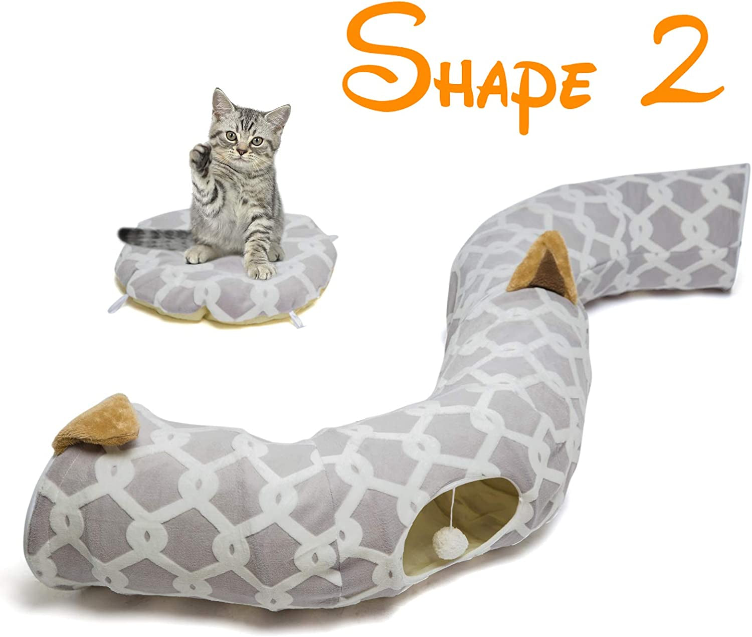 ```The Ultimate Feline Funhouse: A Cozy Cat Cave with Fluff Balls, a Tiny Pillow, and a Design So Flexible Even Your Dog Might Get Jealous - 10 Inches of Diameter, 3 Feet of Adventure, in Stylish Gray Geometry!```