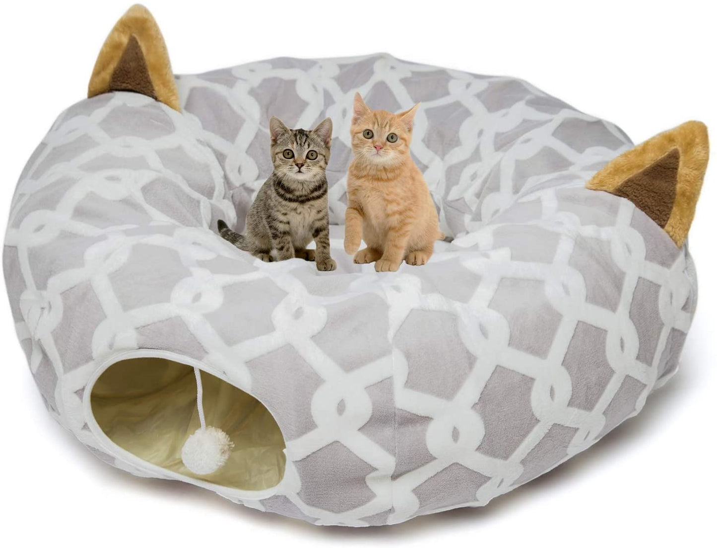 ```The Ultimate Feline Funhouse: A Cozy Cat Cave with Fluff Balls, a Tiny Pillow, and a Design So Flexible Even Your Dog Might Get Jealous - 10 Inches of Diameter, 3 Feet of Adventure, in Stylish Gray Geometry!```