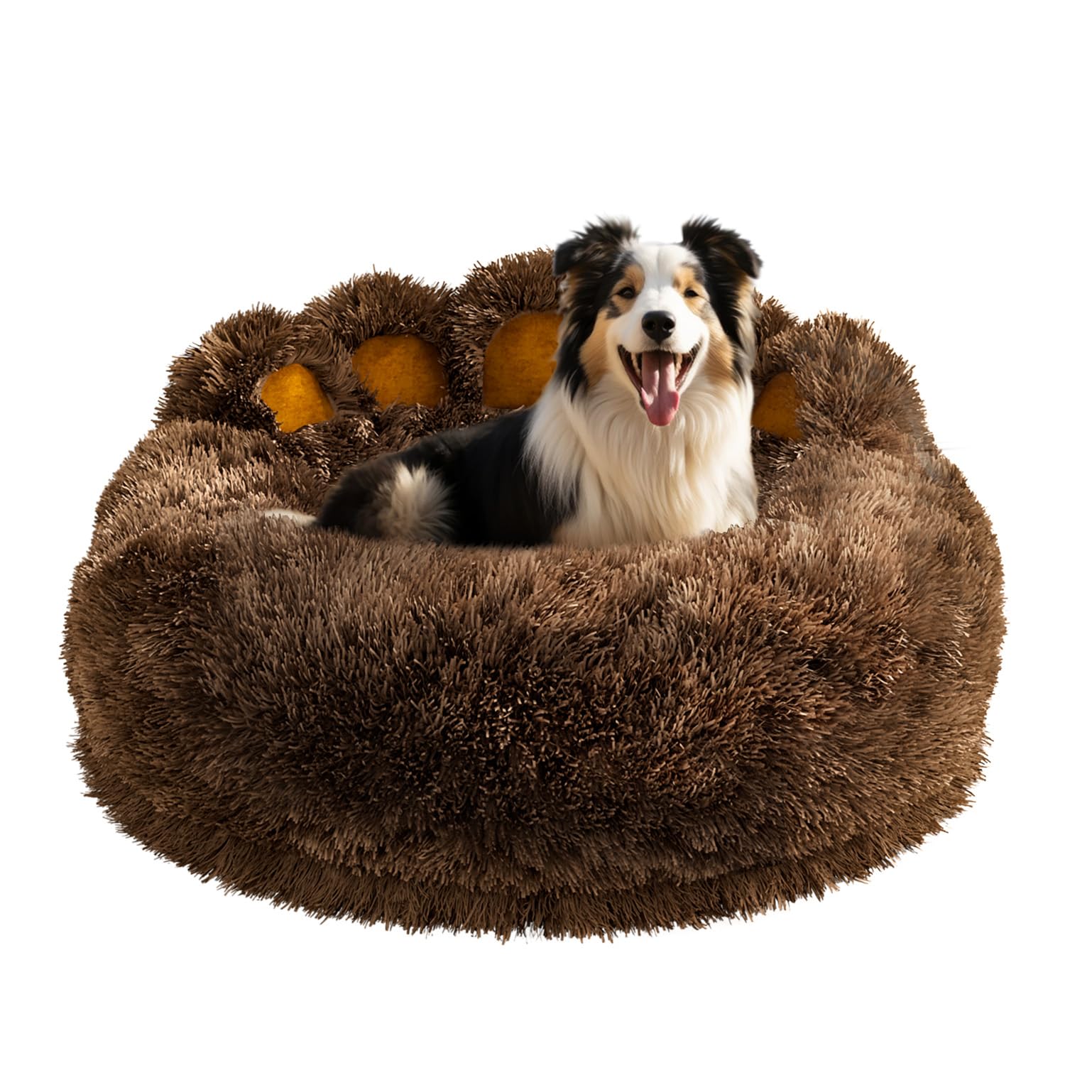 Dog lying on a brown fluffy paw-shaped pet bed with paw prints.