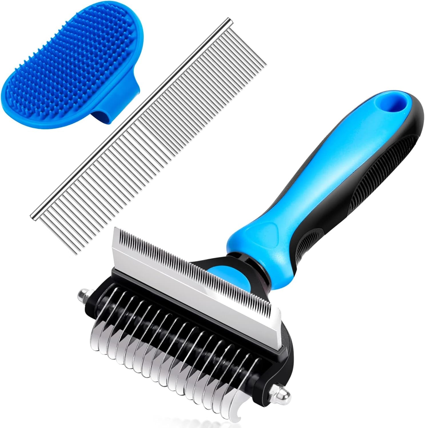 "Furry Fluff Fighter: The 2-in-1 Shedding Squeegee for Small Dogs and Cats - Say Goodbye to Matted Mayhem (Tiny Blue Edition)!"