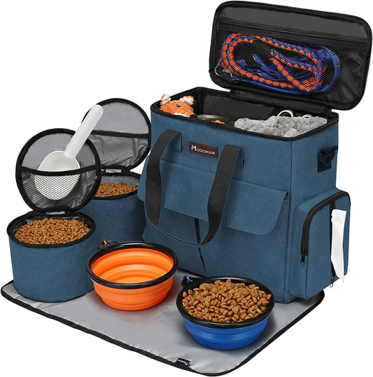 "Furry Jetsetter's Dream Bag: The Ultimate Paw-some Travel Set for Pooches and Purrs, Complete with Snack Stash, Bowls on the Go, and a Mat for Fancy Feasts (In Stylish Blue, of Course!)"