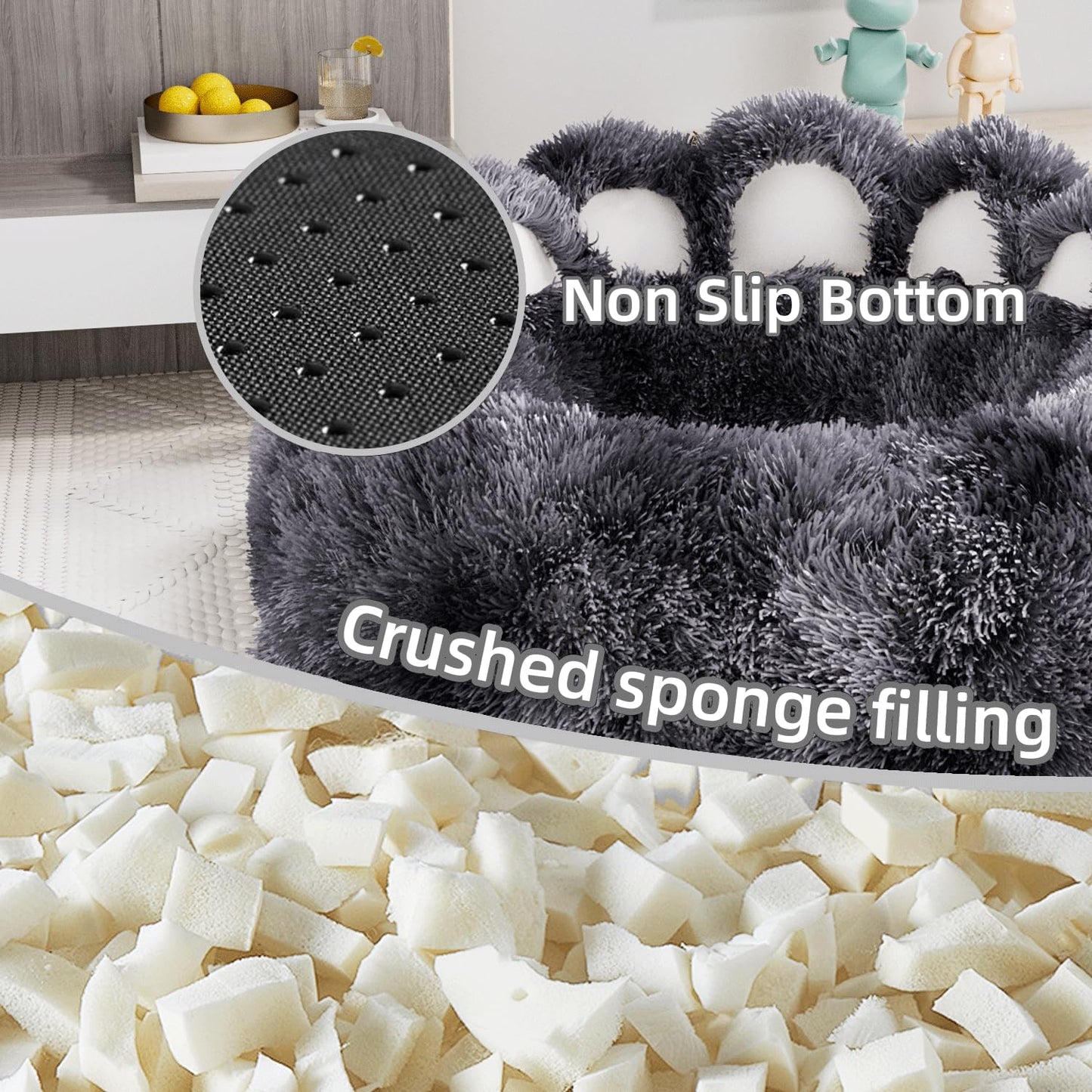 Gray pet bed with non-slip bottom and crushed sponge filling, shown in a room setting.