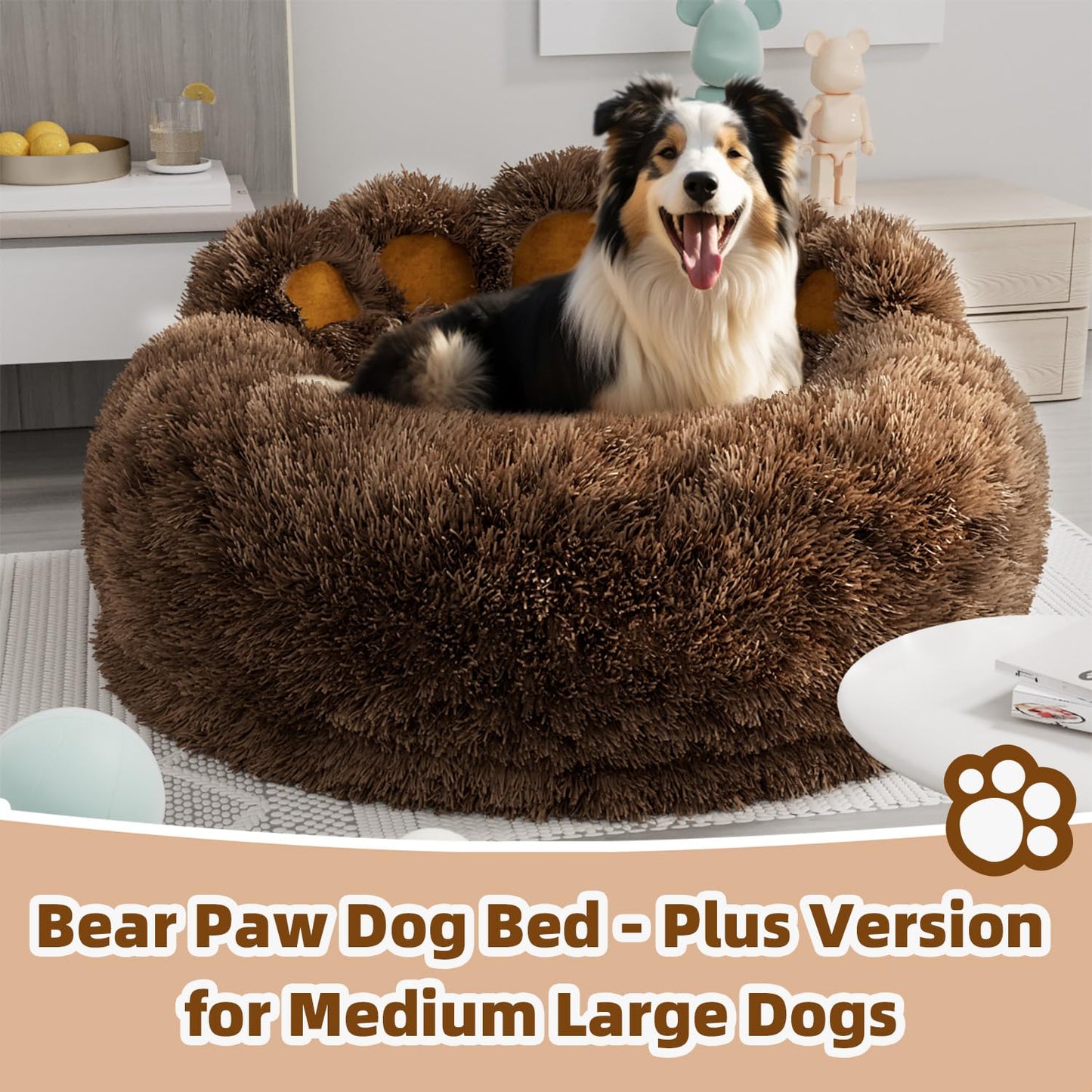 Dog sitting on a fluffy brown bear paw dog bed in a home setting.