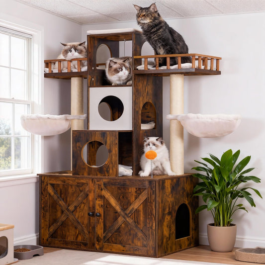 Heybly Cat Tree with Litter Box Enclosure for Indoor Big Cat, Cat Tower for Large Cats 20lbs Heavy Duty, Modern Cat Condo Furniture with Scratching Posts, Rustic Brown HCT110SR