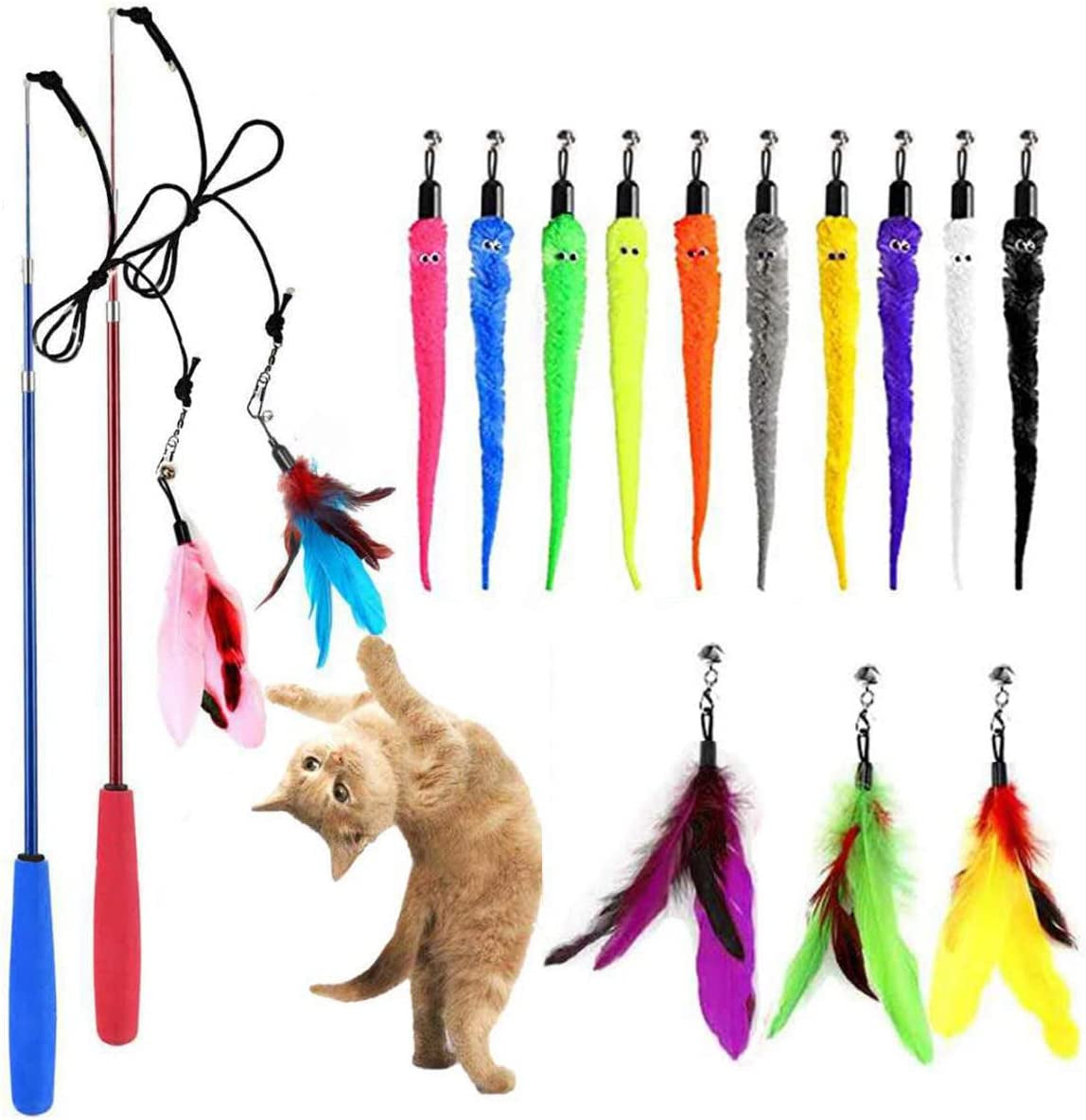 "Feather Flinging Fun Stick: The Ultimate Cat Gymnastics Set with Jingle Bells for Your Furry Olympic Champion!"