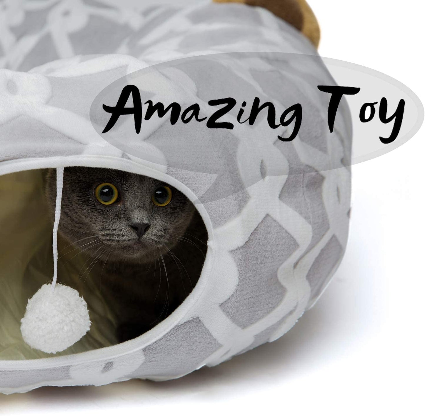 ```The Ultimate Feline Funhouse: A Cozy Cat Cave with Fluff Balls, a Tiny Pillow, and a Design So Flexible Even Your Dog Might Get Jealous - 10 Inches of Diameter, 3 Feet of Adventure, in Stylish Gray Geometry!```