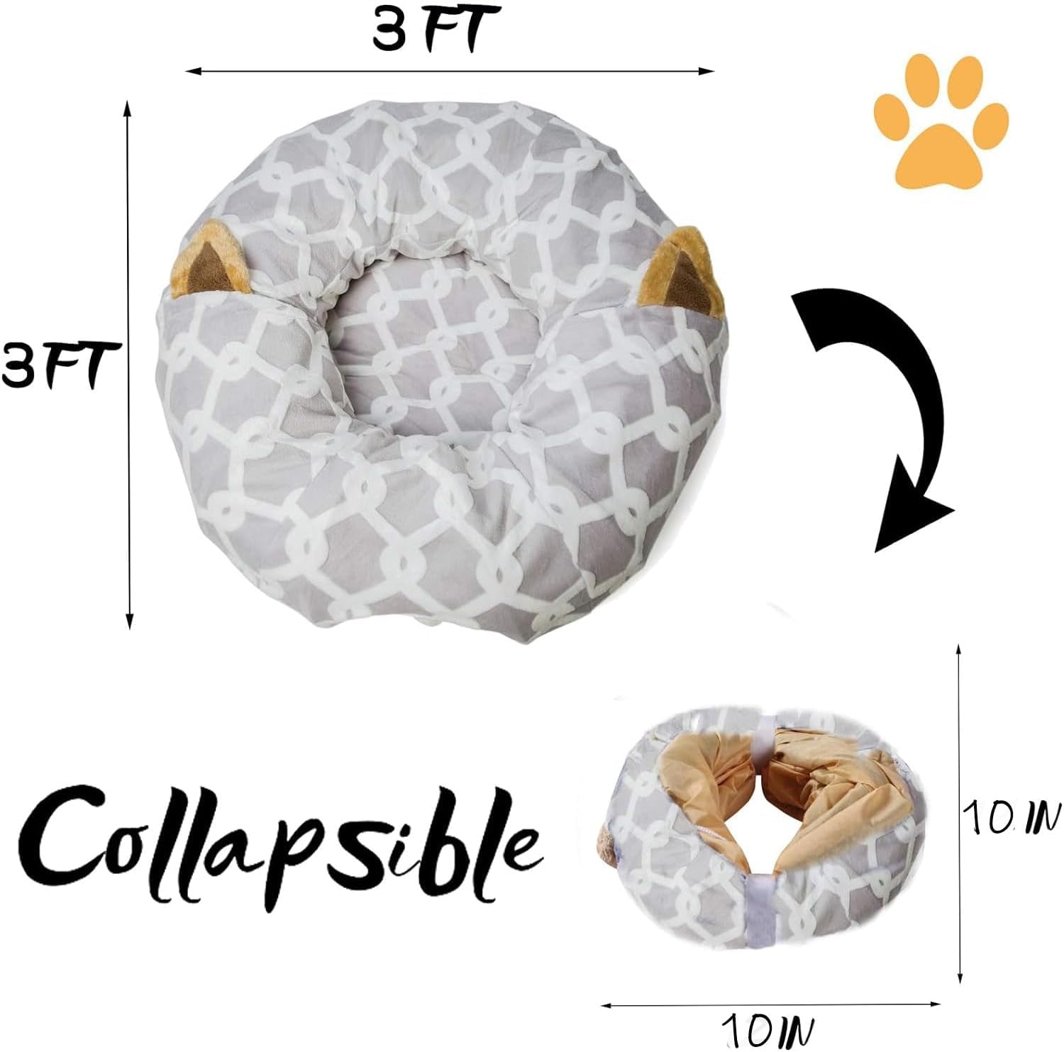 ```The Ultimate Feline Funhouse: A Cozy Cat Cave with Fluff Balls, a Tiny Pillow, and a Design So Flexible Even Your Dog Might Get Jealous - 10 Inches of Diameter, 3 Feet of Adventure, in Stylish Gray Geometry!```