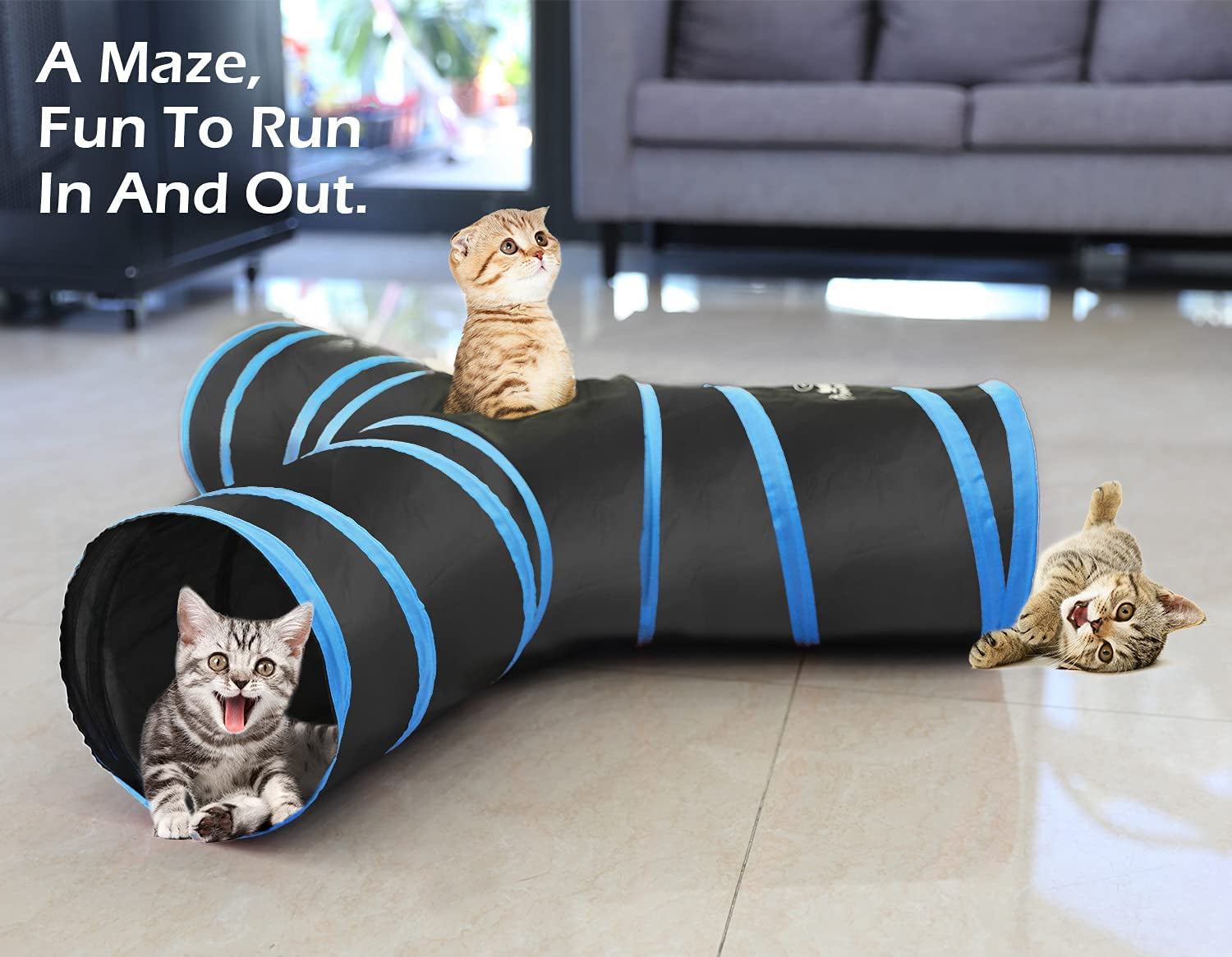 ```Feline Funhouse: The Ultimate Cat Crawler 3-Way Adventure Tube - 25x40Cm of Purr-fectly Collapsible Chaos for Cats, Kittens, and Cuddly Critters! Includes Bouncy Balls and Jingly Bells for Maximum Mischief - Now in Cool Cat Blue!```